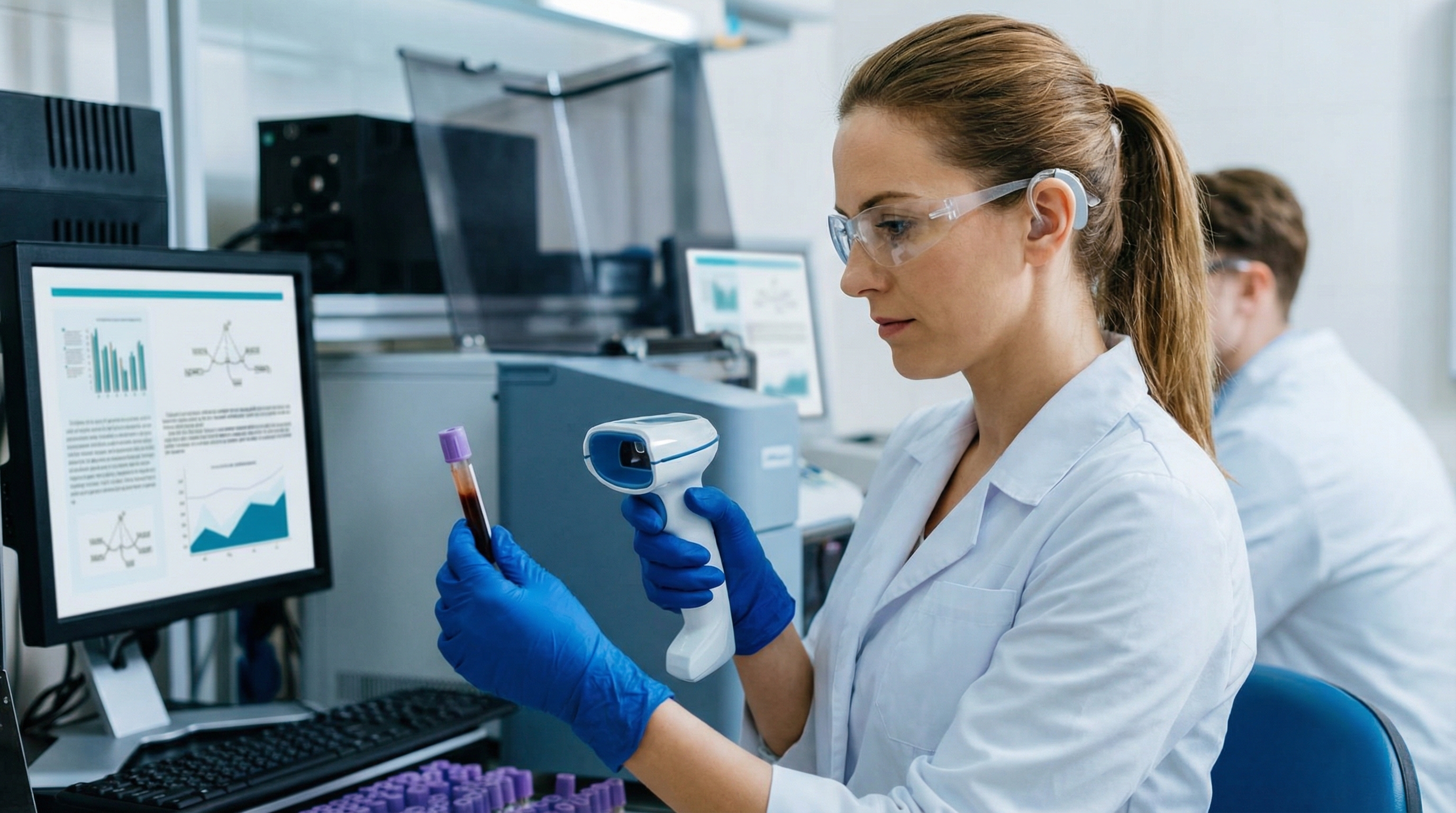 A woman uses a DS8100 scanner in a lab to scan a blood sample. 